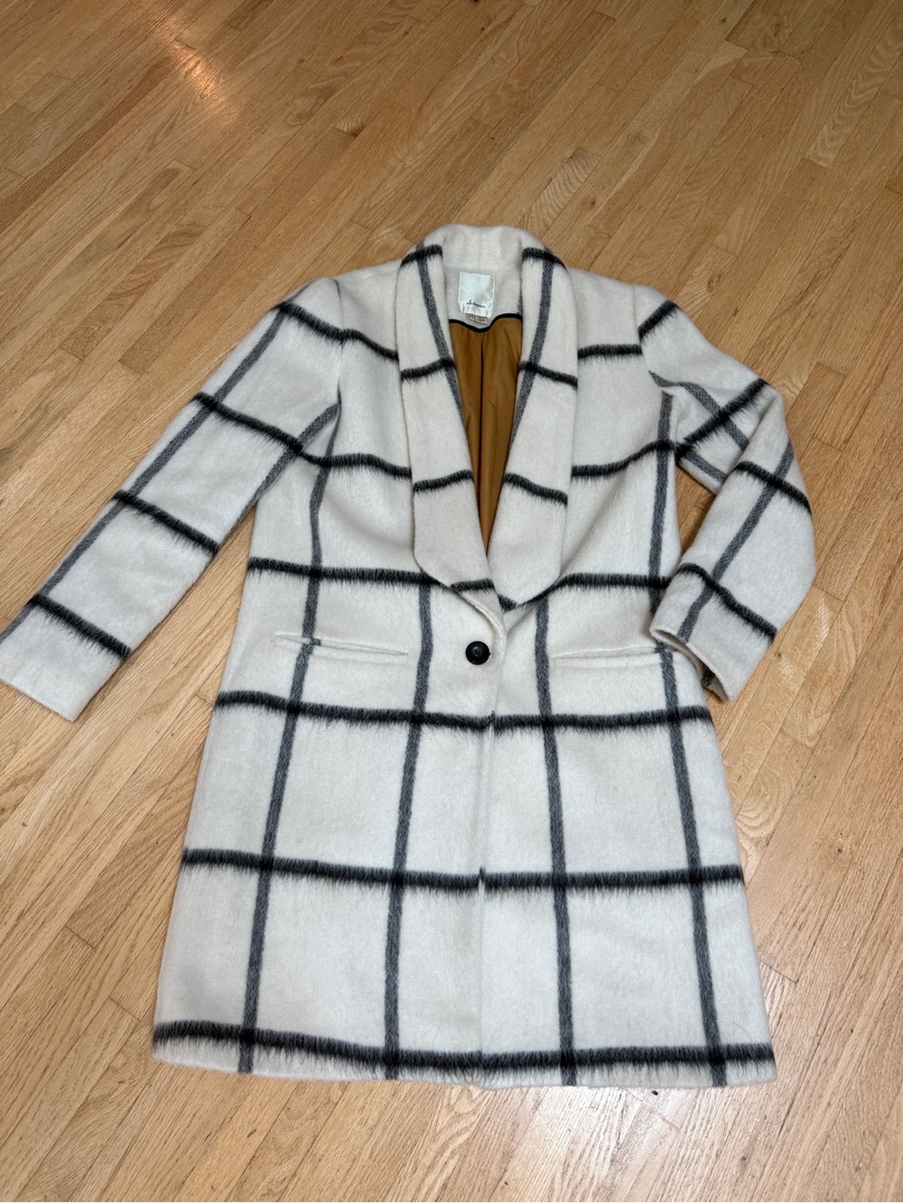 Anthropologie White Windowpane Shawl-Collar Pea Coat